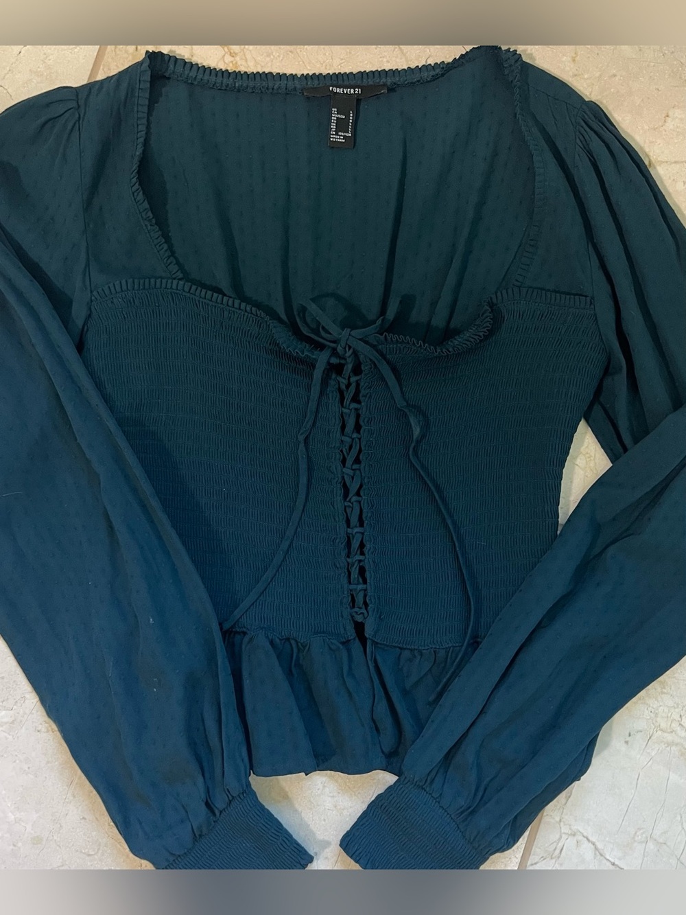 Forever 21 Dark Teal Smocked Corset Peplum Long Sleeve Blouse Womens Size L